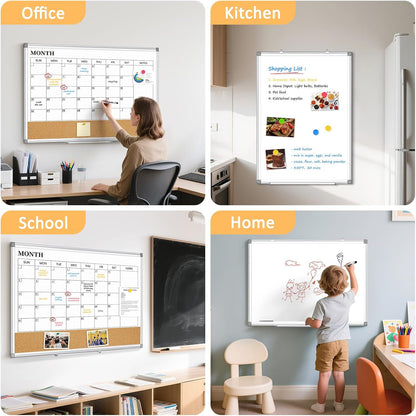 Dry Erase Calendar Whiteboard for Wall, 24"x18" Magnetic Monthly White Board Cork Board Combo, Double Sided, Aluminum Frame, Wall Hanging Wipe Board for Home, Office, School, Dorm