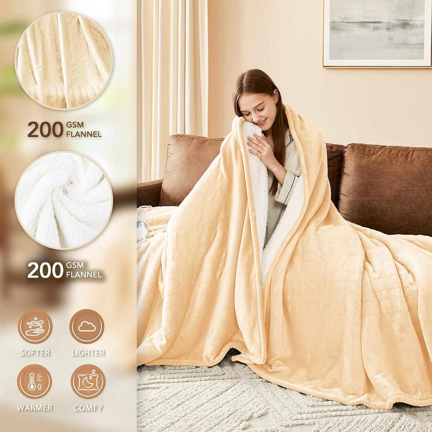 Homemate Electric Heated Blanket Twin - 62"x84" Heating Bed Blankets Throw with 10 Heating Levels 8 Hours Auto Off Fast Heating Over-Heated Protection Ultra Soft Warm Flannel ETL Certified Grey - Colors B