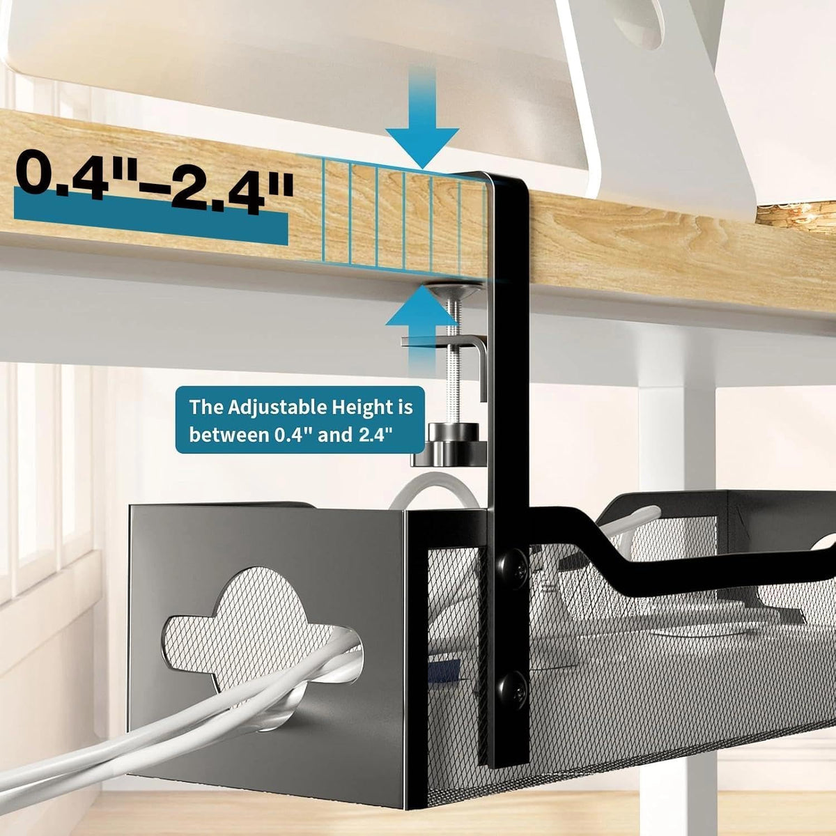 Under Desk Cable Management Tray No Drill, Metal Mesh Cable Management Under Desk with Clamp Mount, 2 Hole Cable Tray with Wire Management and Cord Organizer for Home Office Standing Desk