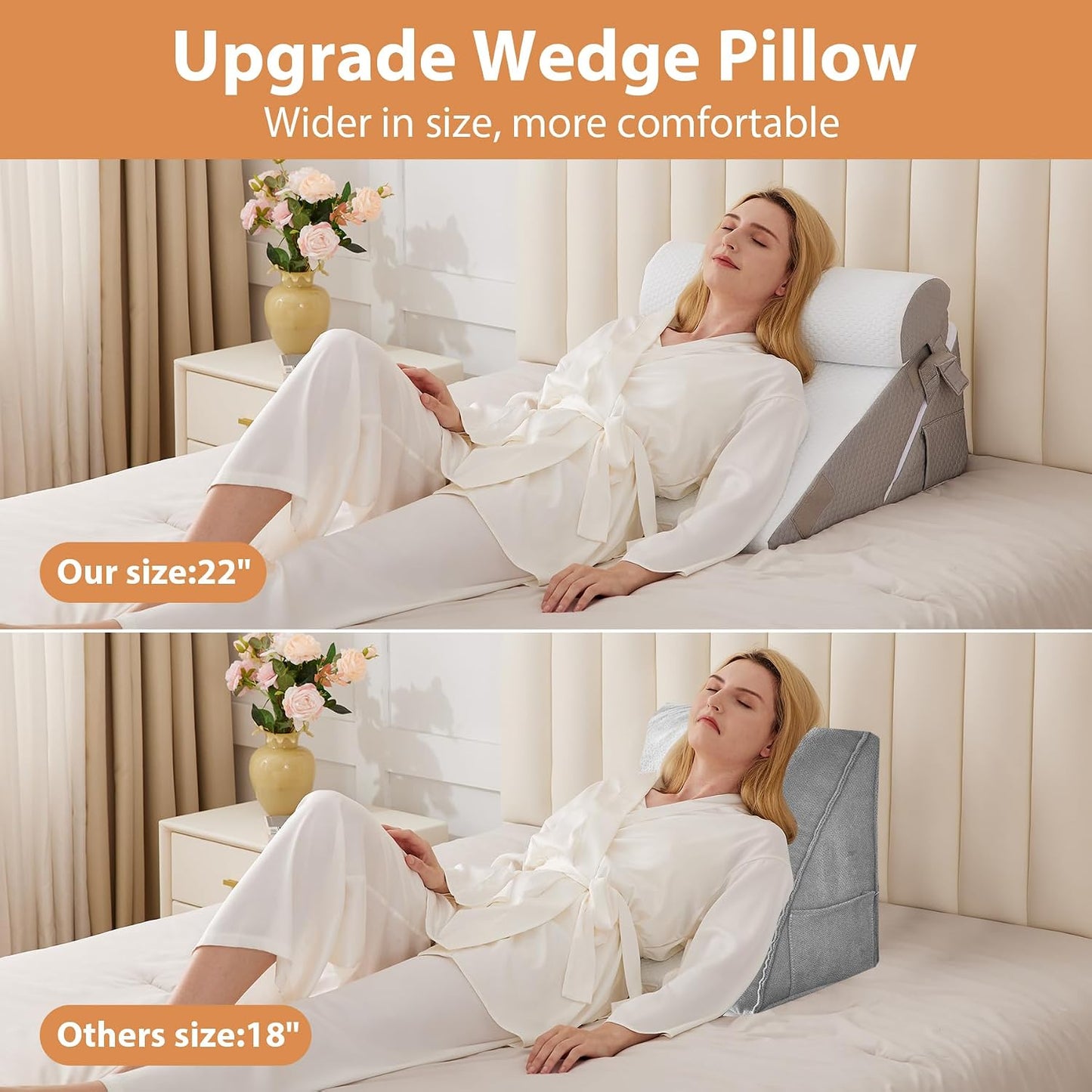BIEEZZK Wedge Pillow Set for After Surgery, Wedge Pillow for Acid Reflux, Bed Wedge Pillow with Adjustable 9&12inch for Headboard,Sleeping, Orthopedic Memory Foam for Neck&Back Support, White/Grey