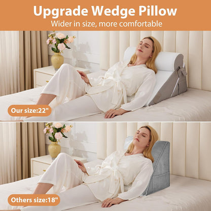 BIEEZZK Wedge Pillow Set for After Surgery, Wedge Pillow for Acid Reflux, Bed Wedge Pillow with Adjustable 9&12inch for Headboard,Sleeping, Orthopedic Memory Foam for Neck&Back Support, White/Grey