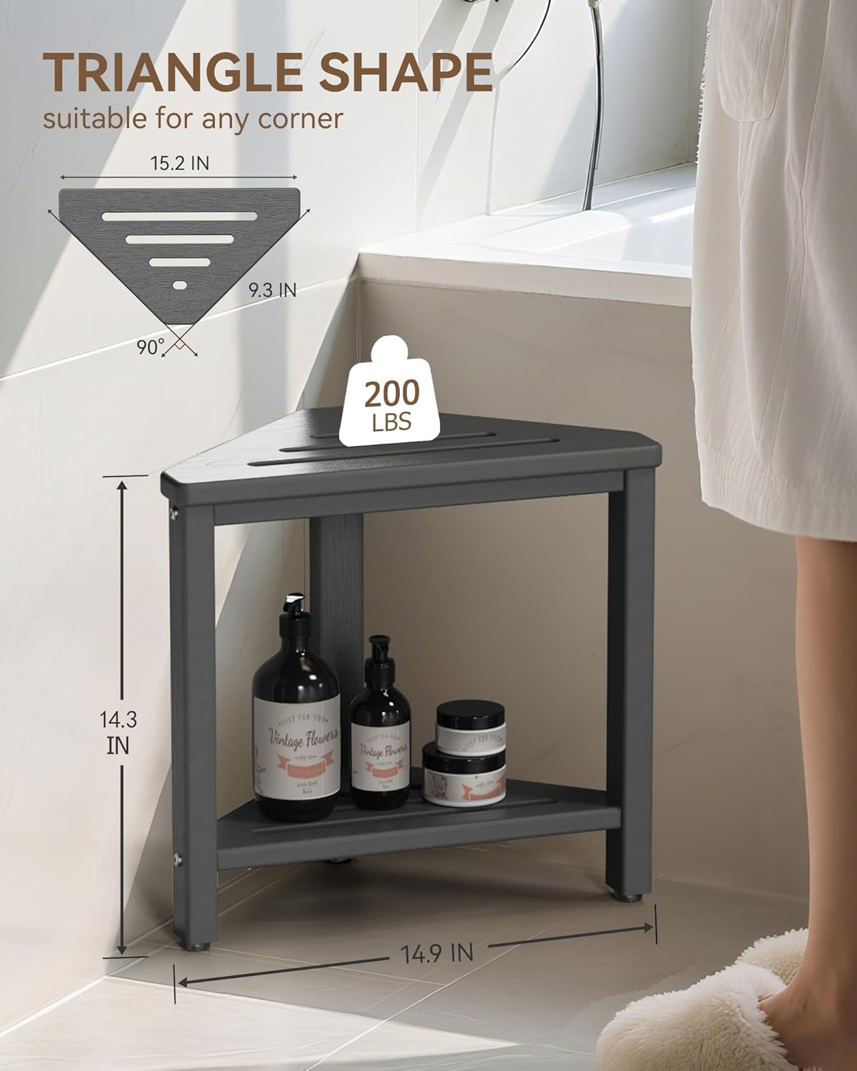 Shower Foot Rest 15in, HDPE Waterproof Shower Stool for Inside Shower, Corner Shower Stool for Shaving Legs with Storage Shelf for Small Space, Shower Step Stool, Plastic Corner Shower Bench, White