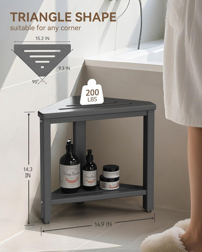 Shower Foot Rest 15in, HDPE Waterproof Shower Stool for Inside Shower, Corner Shower Stool for Shaving Legs with Storage Shelf for Small Space, Shower Step Stool, Plastic Corner Shower Bench, White