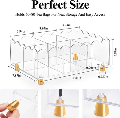 Acrylic Tea Bag Organizer, 6 Spacious Compartments Tea Bag Holder, Clear Scalloped Edge with Gold Accent Feet, Tea Storage Box for Countertop, Pantry, Cabinet, Sugar Packets
