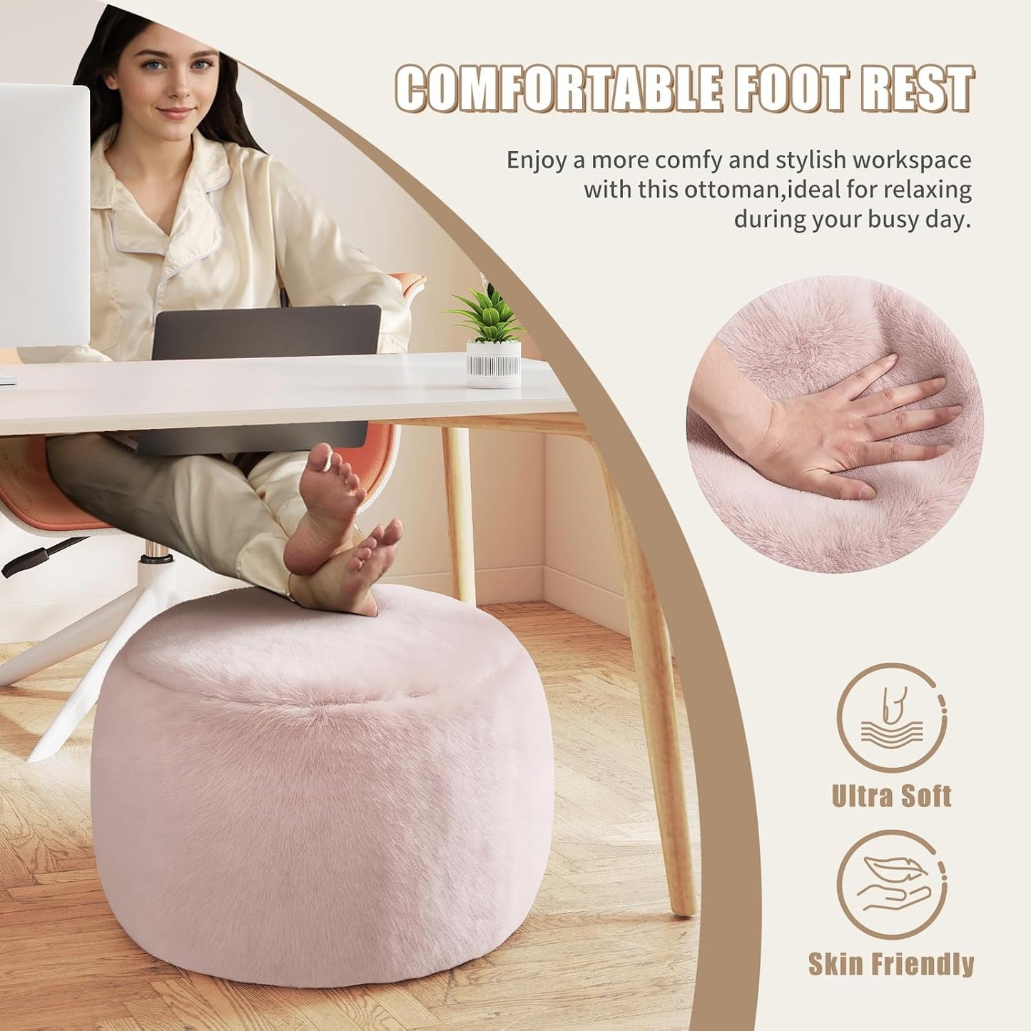 Round Stuffed Pouf Ottoman Foot Rest, Faux Fur Poufs with Memory Foam Filling, Ottomans for Living Room, Nursery, Dorm, Soft Foot Stool Ottoman for Couch, Perfect for Resting Your Feet (Grey, 20 Inch)