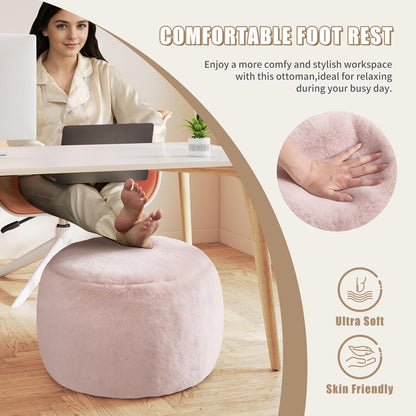 Round Stuffed Pouf Ottoman Foot Rest, Faux Fur Poufs with Memory Foam Filling, Ottomans for Living Room, Nursery, Dorm, Soft Foot Stool Ottoman for Couch, Perfect for Resting Your Feet (Grey, 20 Inch)