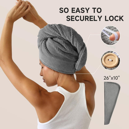 Umisleep 2 Pack Microfiber Hair Towel Wrap for Women, 400 GSM Thick & Soft Hair Drying Towels, Super Absorbent Hair Turban with Button Loop for Curly, Wavy & Wet Hair (Grey, White)
