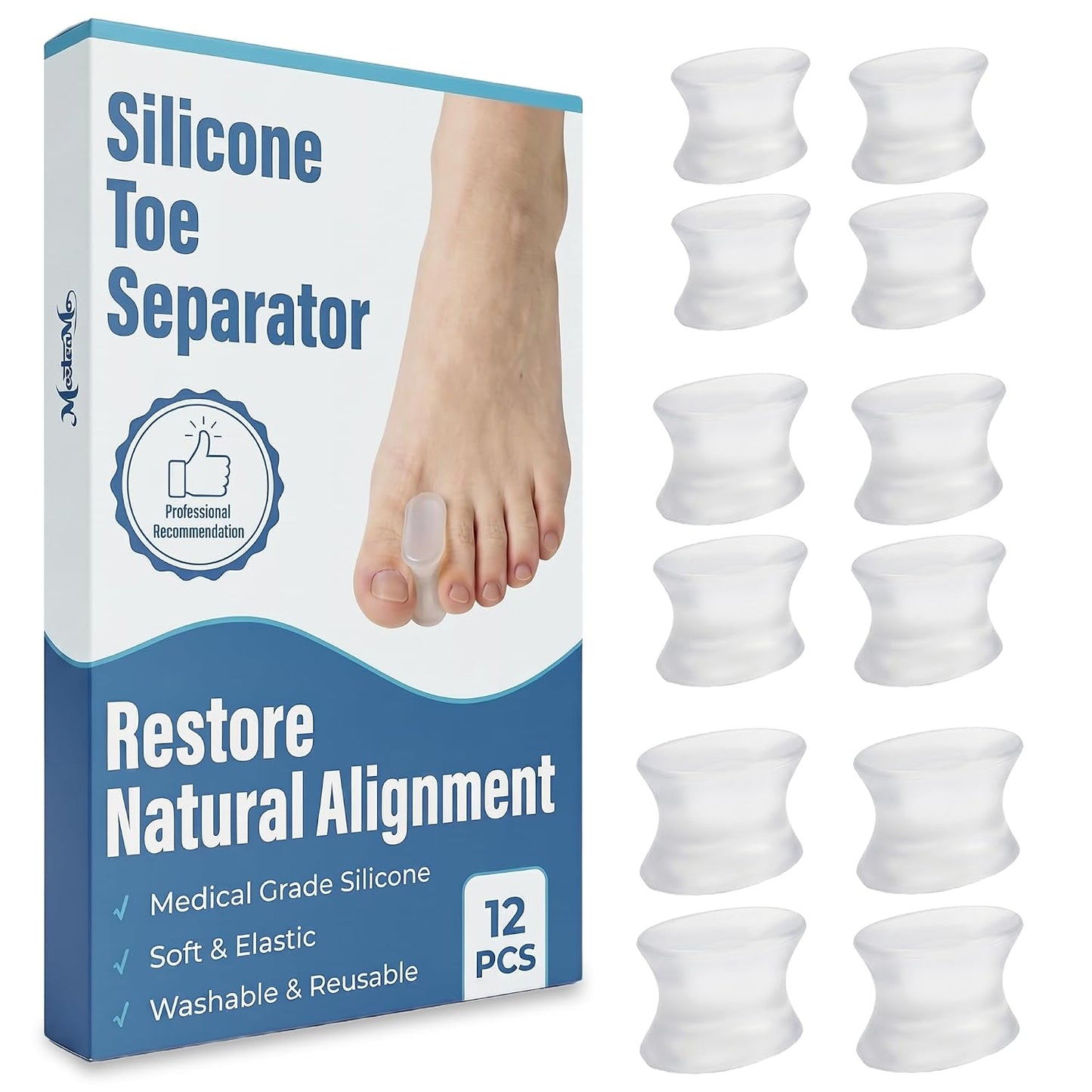 12 Pack Gel Toe Separators & Spacers - Aloe Infused Bunion Pads for Overlapping Toes, Hammer Toes & Big Toe Alignment - Medical Grade Toe Straightener for Men & Women, Transparent & Washable (M)