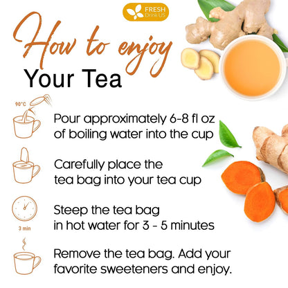 FRESHDRINKUS Premium 65 Turmeric Ginger Tea Bags, 100% Natural Ingredients, Hand-made Blend of and Ginger, Eco-conscious Bags. Herbal Tea. No Sugar, Caffeine, Gluten, Vegan.