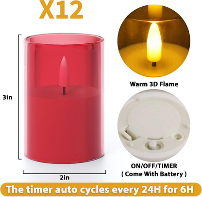 VIODAIM 12Pack Flickering Flameless LED Candles with Timer, Battery Powered - Small Pillar & Votive, Clear (2"X3")
