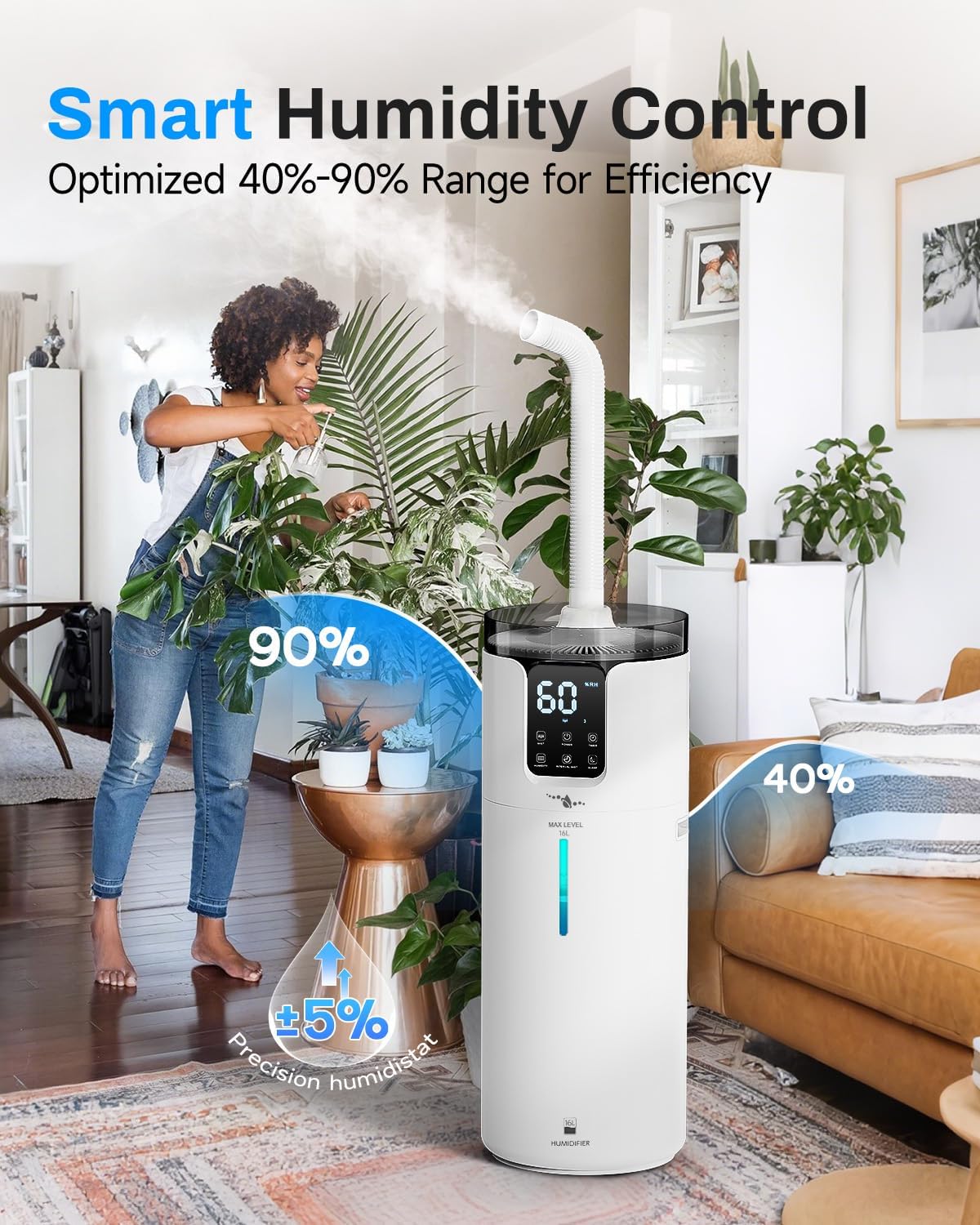 LACIDOLL 16L Cool Mist Tower Humidifier for 1500 sq.ft Large Room | Top fill cool mist, 360° nozzles, night light, quiet, adjustable humidity, perfect for home, greenhouse, office with remote