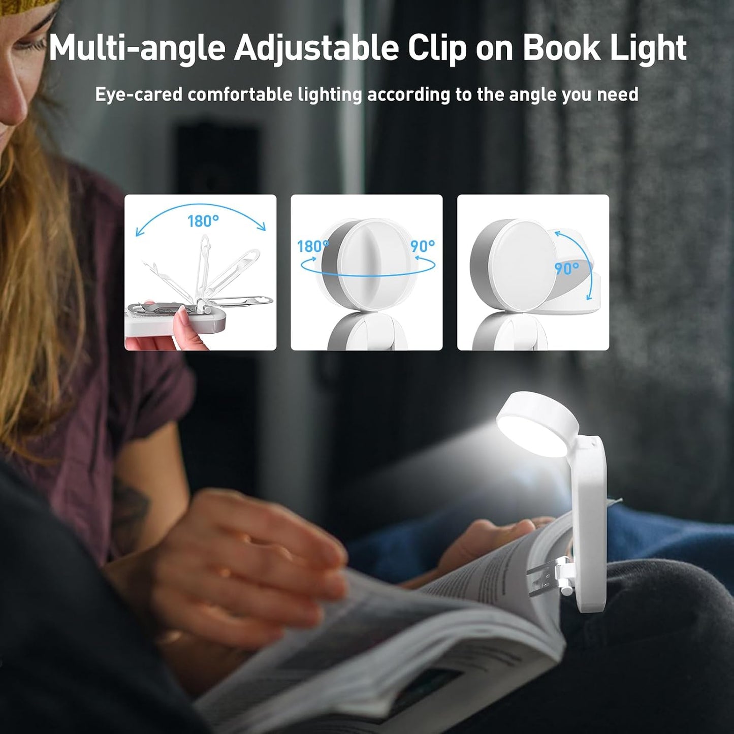 VAVOFO USB Rechargeable Book Light, Blue Light Blocking, Amber Clip-On Bookmark Shaped Reading Light, Eye Care 6 LEDs With 9 Lighting Modes for Bookworms (Grey)