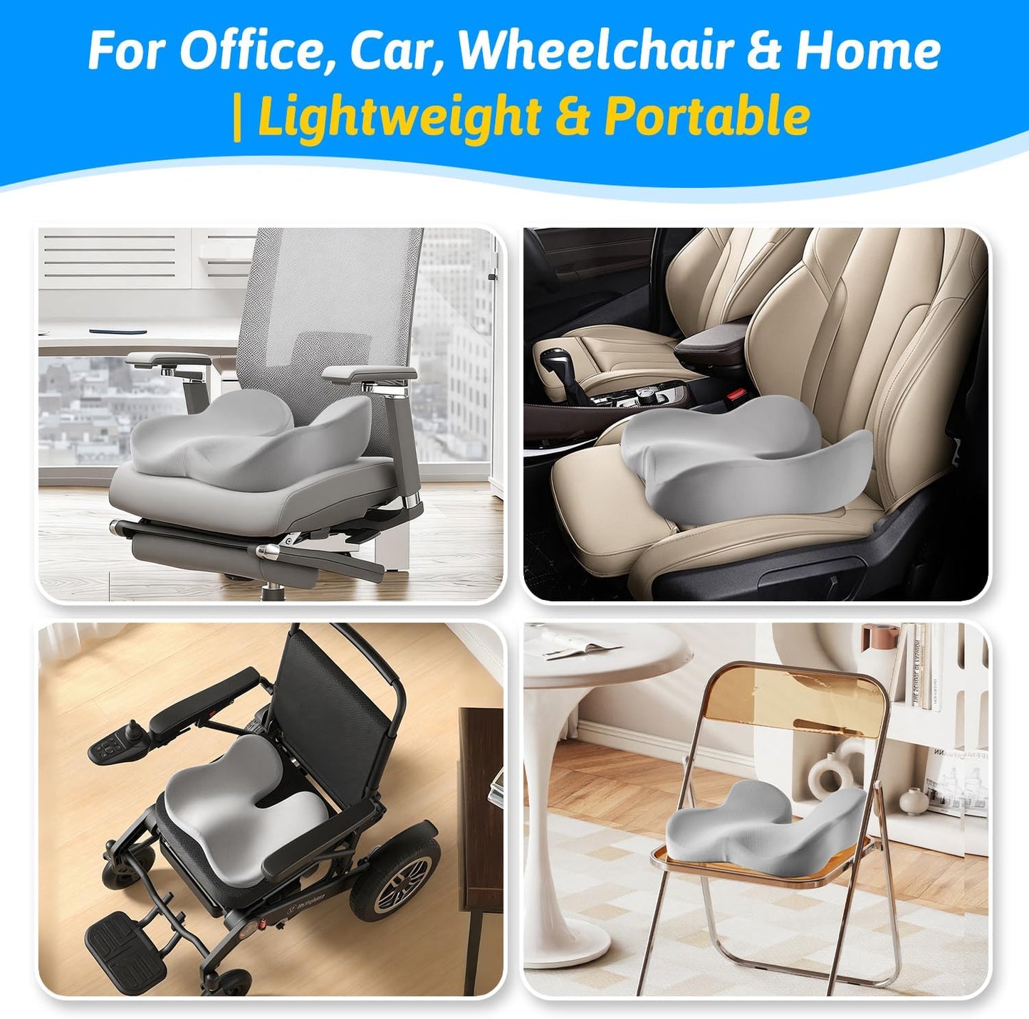 Seat Cushion for Tailbone & Sciatica Pain Relief – Certified & Ergonomist-Designed – Tapered Front Edge Reduces Thigh Pressure – Wide Memory Foam for Office Chair, Car, Wheelchair (Gray)