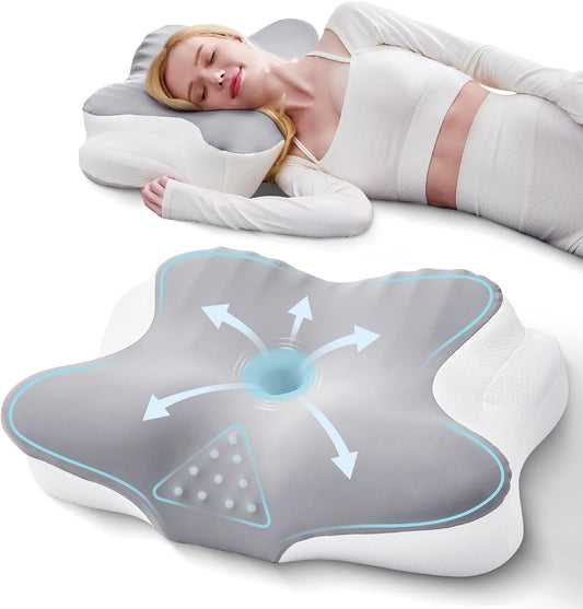 BDEUS Cervical Neck Pillow for Sleeping – Ergonomic Memory Foam Pillow with Massage Nodes for Neck Pain Relief, Side Sleeper & Back Support, CertiPUR-US Certified, Grey