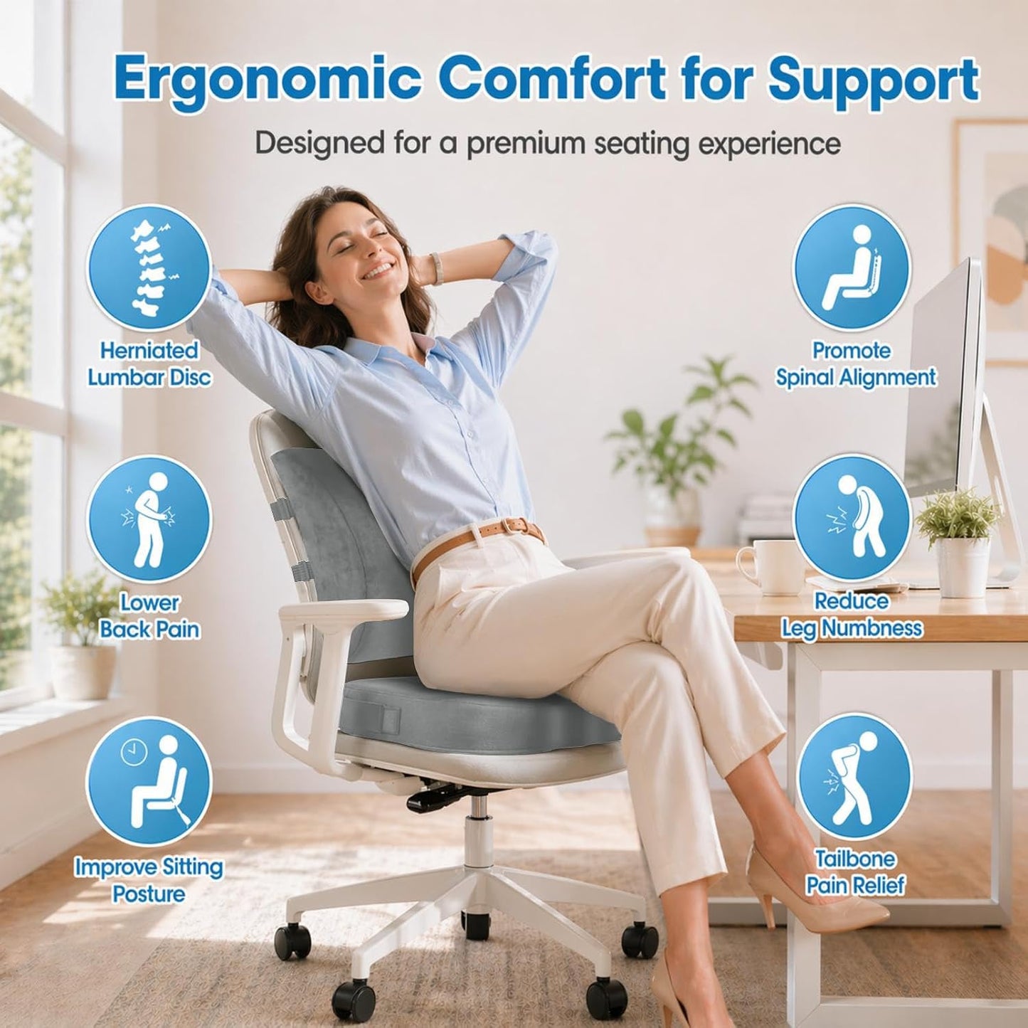CloudBliss Lumbar Support Pillow & Seat Cushion Set for Office Chair, Desk Chair, Wheelchair & Car – Memory Foam Back Support, Ergonomic Chair Cushions, Sciatica Pain Relief, Home Essentials, Black