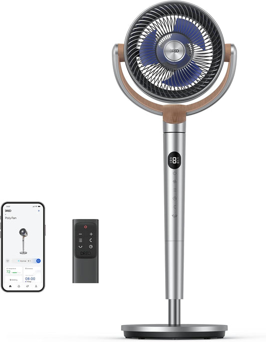 DREO Fan for Bedroom, 120°+120°Omni-directional Oscillating Fan, 90ft, DC Motor, 20 dB Quiet Standing Pedestal Fans, 8 Speeds, 3 Modes Circulator with Remote, 35-40" Adjustable Height, 8H Timer