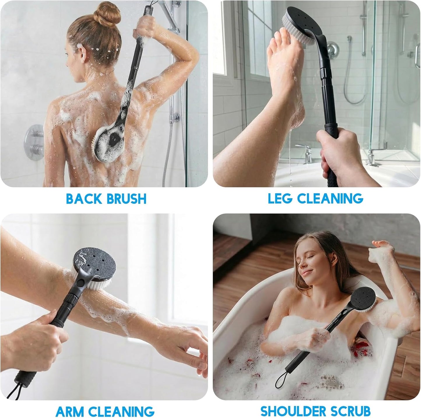 Back Scrubber for Shower with Long Handle, Dual-Sided Bath Brush for Wet & Dry Brushing, Soft & Stiff Bristles Body Exfoliator, Adjustable Detachable Shower Brush for Back, Legs & Feet