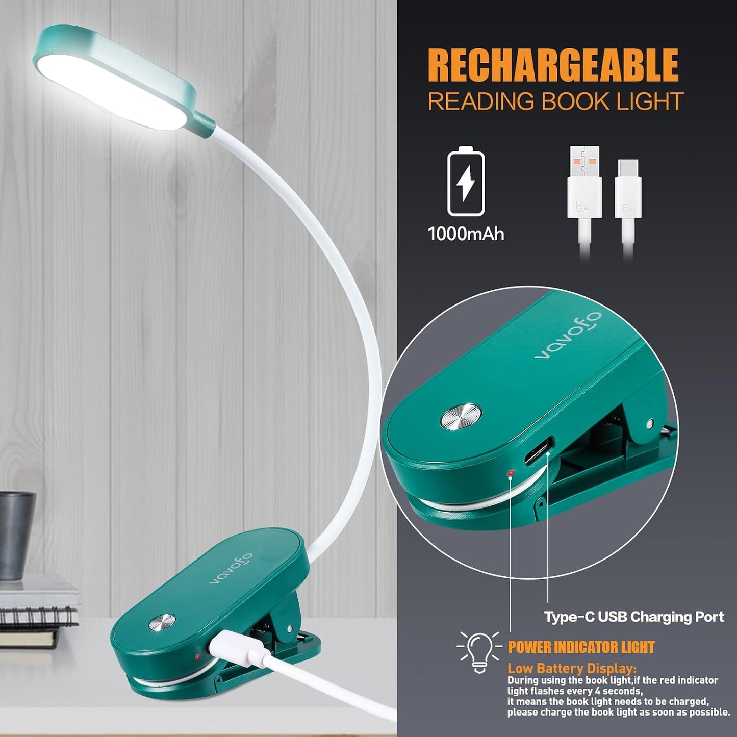 VAVOFO Rechargeable Book Light, 14 LEDs Eye Care Clip On Amber Reading Light for Bookworms Reading in Bed with 9 Colors 9 Brightness (White-Blue)