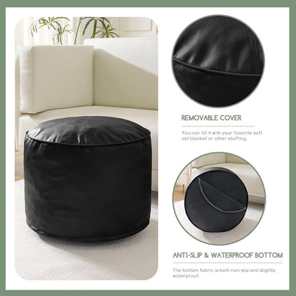 HIGOGOGO Round Stuffed Pouf Ottoman, Pu Leather Poufs with Foam Chunk Filling, Furry and Fluffy Pouf Foot Stool Storage Ottoman, 20 X 15 Floor Poufs Foot Rest for Living Room,Dark Brown