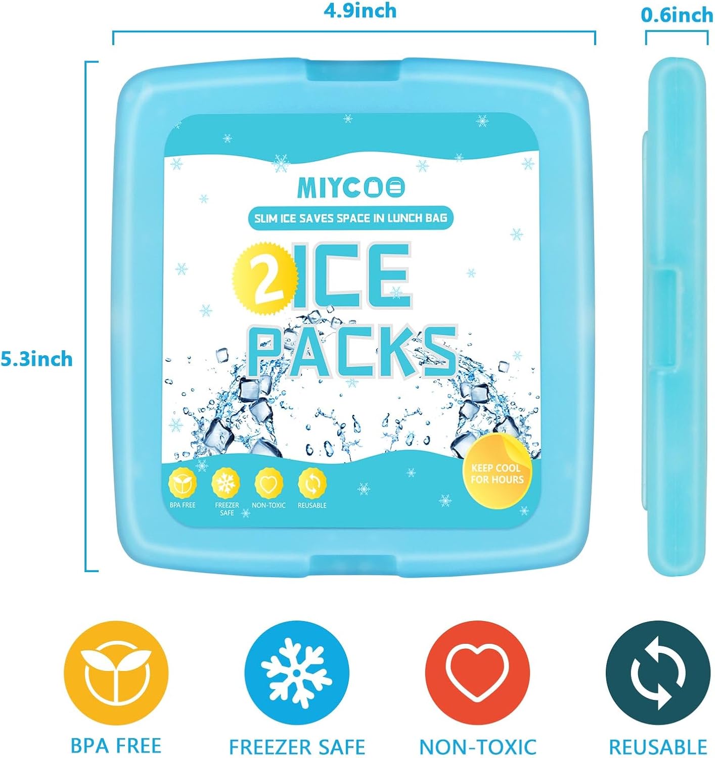 MIYCOO Ice Packs for Lunch Boxes & Coolers - Quick Freeze Ice Pack Space Saving Freezer Packs - Reusable Slim Original Cool Pack - Cooler Accessories for Beach, Camping and Fishing