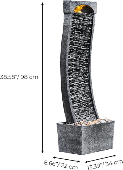 Teamson Home 38.58 in. Modern Curved Faux Slate Waterfall Fountain for Indoors or Outdoors with LED Light Accents and 1.98-Gallon Pump, Black and Stone Gray | Freestanding Floor Garden Waterfall, LED Lights, Weatherproof Polyresin, For Patio & Yard