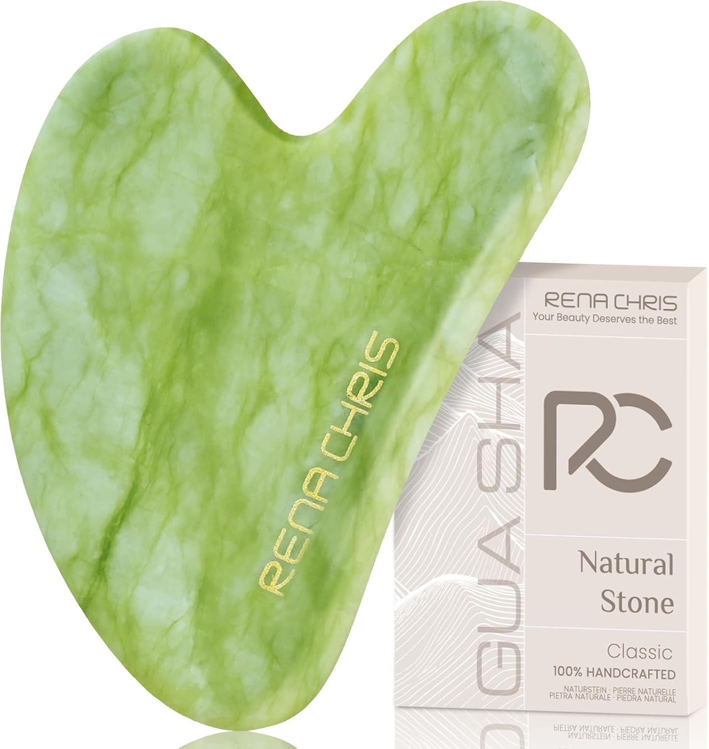 Rena Chris Gua Sha Facial Tools: Jade Stone Guasha Tool for Face Acupuncture Therapy, Facial Massager for Jawline Sculpting and Puffiness Reducing (Green)