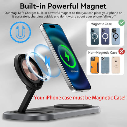 3 in 1 Fast Wireless Charger Stand for iPhone, Foldable Travel Charging Station for Magsafe for iPhone 17/Air/16/15/14/13/12 Series, Apple Watch Series, AirPods pro/2/3/4, Gifts for Women Men (Golden)