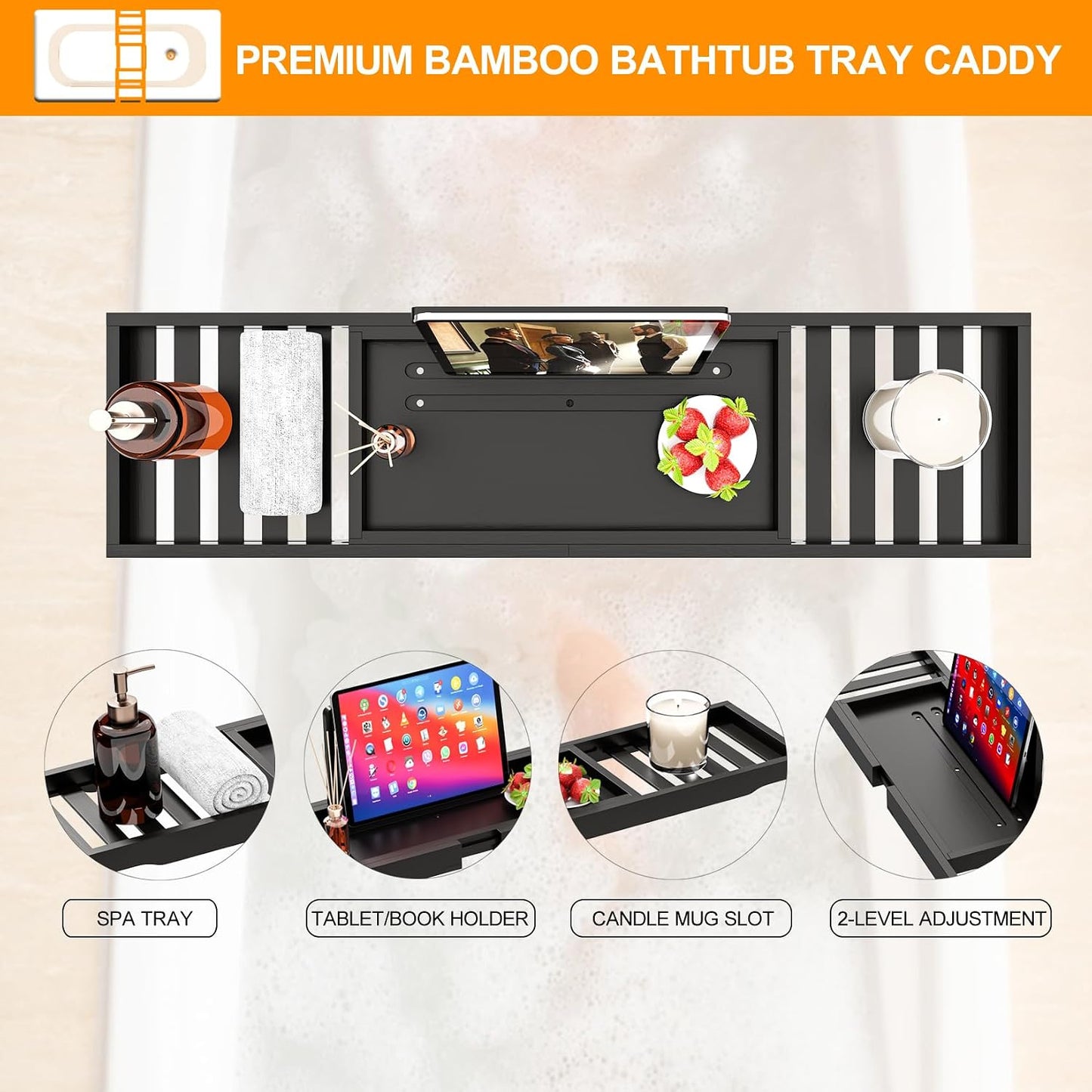 Premium Bamboo Bathtub Tray Caddy - Bath Tub Tray Table for Bathtub - Bath Caddy Tray for Bathtub, Expandable Size, Fits Most Bath Tubs