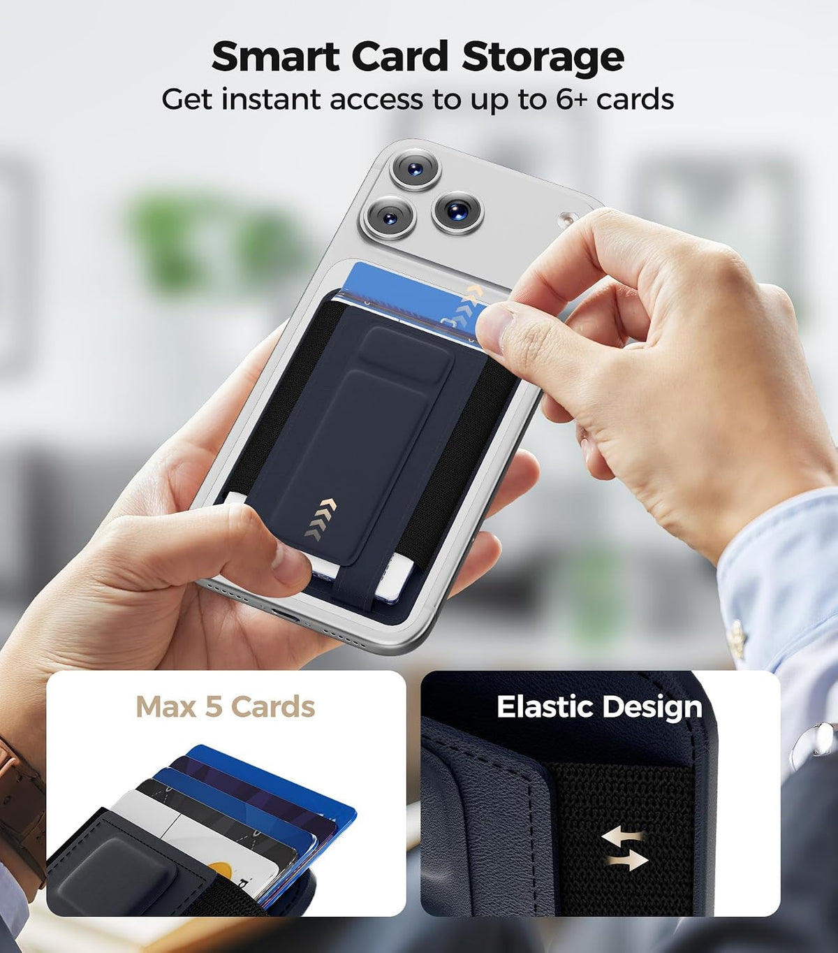 for MagSafe Wallet, Works with Apple Find My, 5-Card RFID Holder with Stand Also Grip, Strong Magnetic Wallet for iPhone 17/16/15/14/13/12 Pro Max Air Plus, Wireless Charging, Black