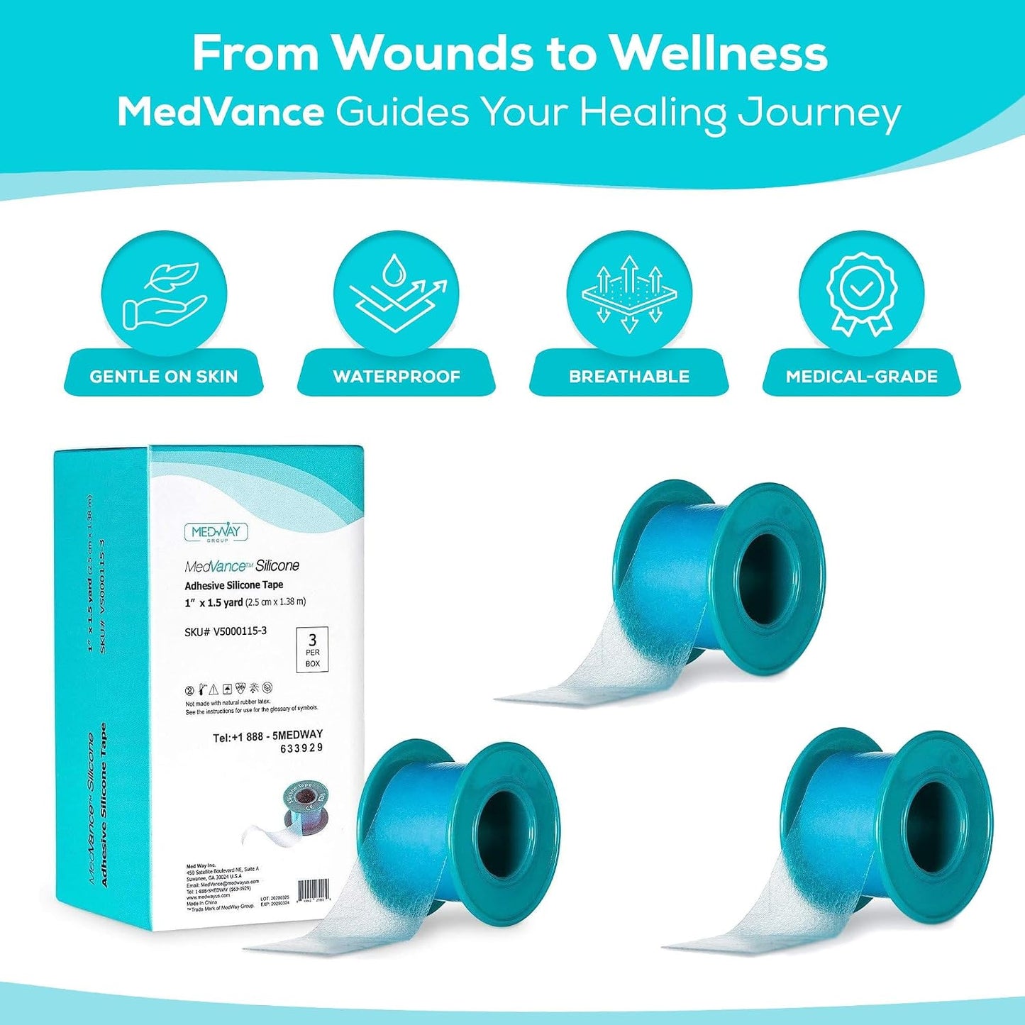 MedVance Silicone Tape Medical, Perforated Surgical Tape Sensitive Skin, Waterproof Tape for Skin, Medical Tape for Wound Care, Eyelash Tape, Gentle Skin Tape, 1" Width (1 Pack, 180 Inches)