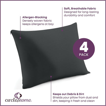 CirclesHome Pillow Protectors 4 Pack Standard Zippered - 100% Cotton Breathable Pillowcases - Protects Pillows from Dirt, Dust and Debri (Standard - Set of 4 - 20x26)