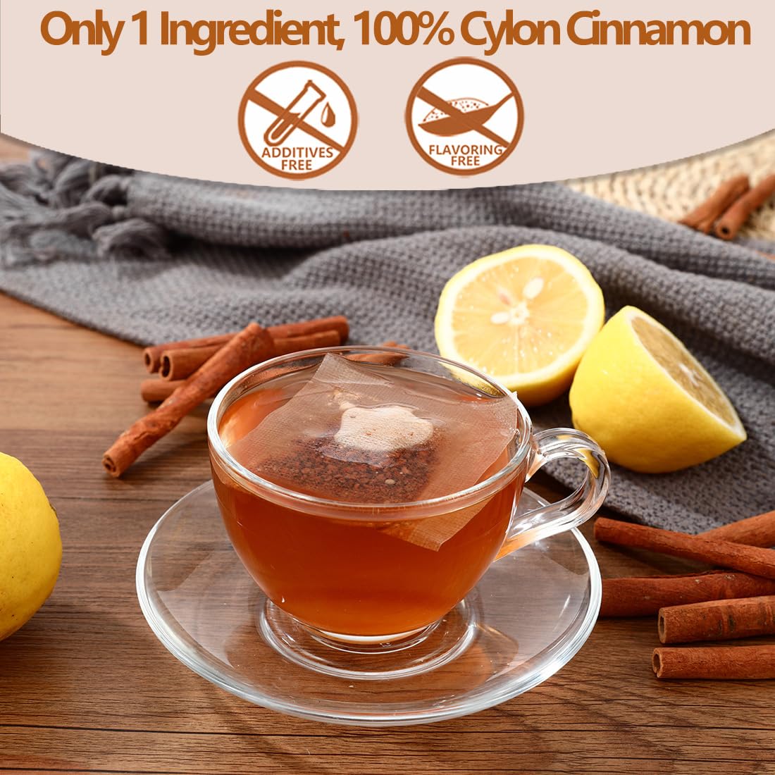Premium 100 Pure Ceylon Cinnamon Tea Bags, Made with 100% Ceylon Cinnamon Sticks, No Additives & Caffeine Free.