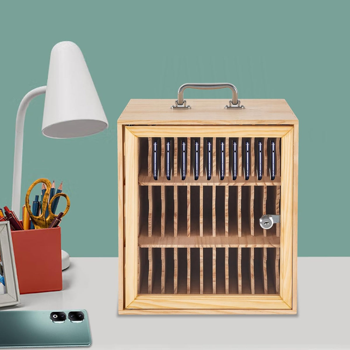 36-Slot Solid Wood Mobile Phone Storage Box, Multi-Slot Lockable Cell Phones Cabinet Wall-Mount& Desktop Phone Holder for School Office