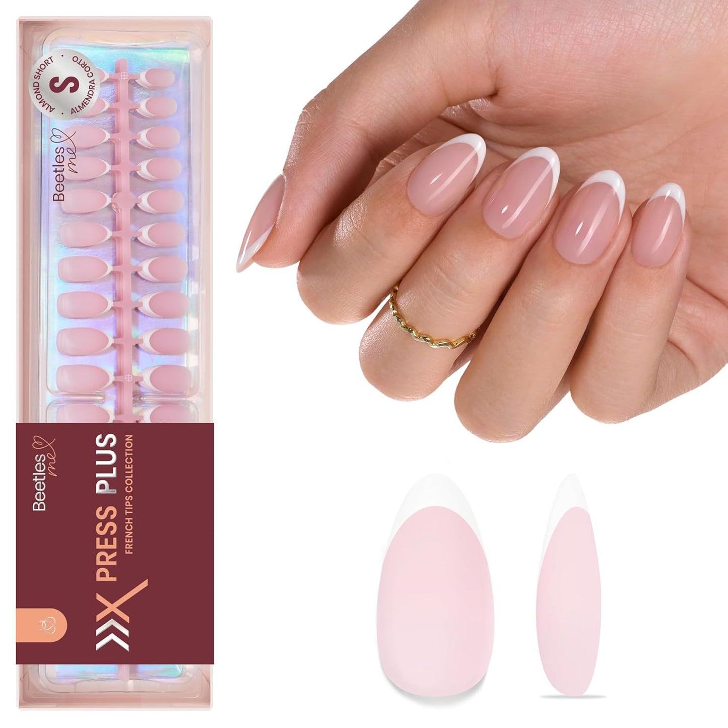 Beetles Press On Nail Kit-Short Square French Tip Press On Nails, 150Pcs Pink French Nail Tips with Nail Glue & Remover Builder Top Coat Nail Lamp, All-in-One DIY Fake Nails Gift for Women
