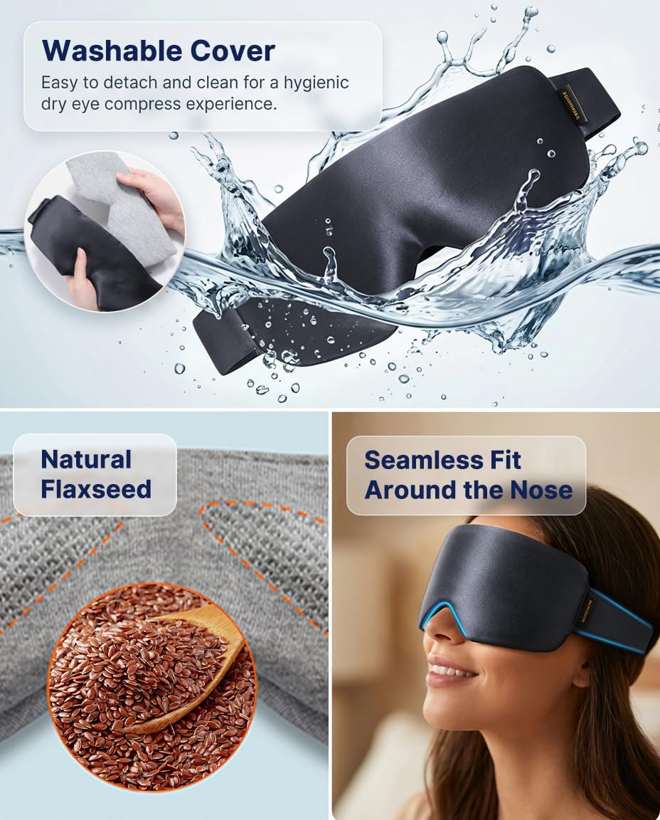 Heated Eye Mask for Dry Eyes, USB Powered Silk Warm Eye Compress & Eye Heating Pad, Washable Dry Eye Mask with 3 Heat & 4 Timer Settings for Blepharitis Stye Migraine Sinus MGD Puffiness（Blue）