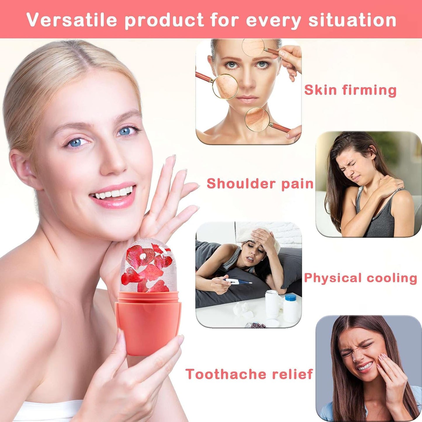 XHJRI Ice Cube Roller Massager for Face, Eyes and Neck Naturally Conditioning and Skin Care,De-Puff Eye Bags,Reduce Migraine Pain,Reusable Massage Silicone Ice Mold (Pink)