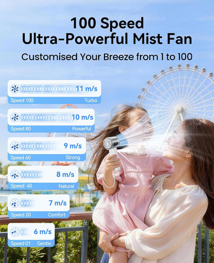 KIMMOO Portable Misting Fan, USB Rechargable Handheld Fan with Water Spray Mist, Up to 13 Hrs Cooling, 25000PRM, 100 Speeds, 50ml Water Tank, Personal Turbo Fan for Travel/Makeup/Office/Outdoor, Black
