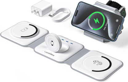 3 in 1 Charging Station for Multple Devices,Foldable 3 in 1 Wireless Charger for Travel,NANO Wireless Charging Station for iPhone17 16 15 14 13 12 Pro Max/Watch 10 9 8 7 6 5 4 3 Ultra/AirPod Pro