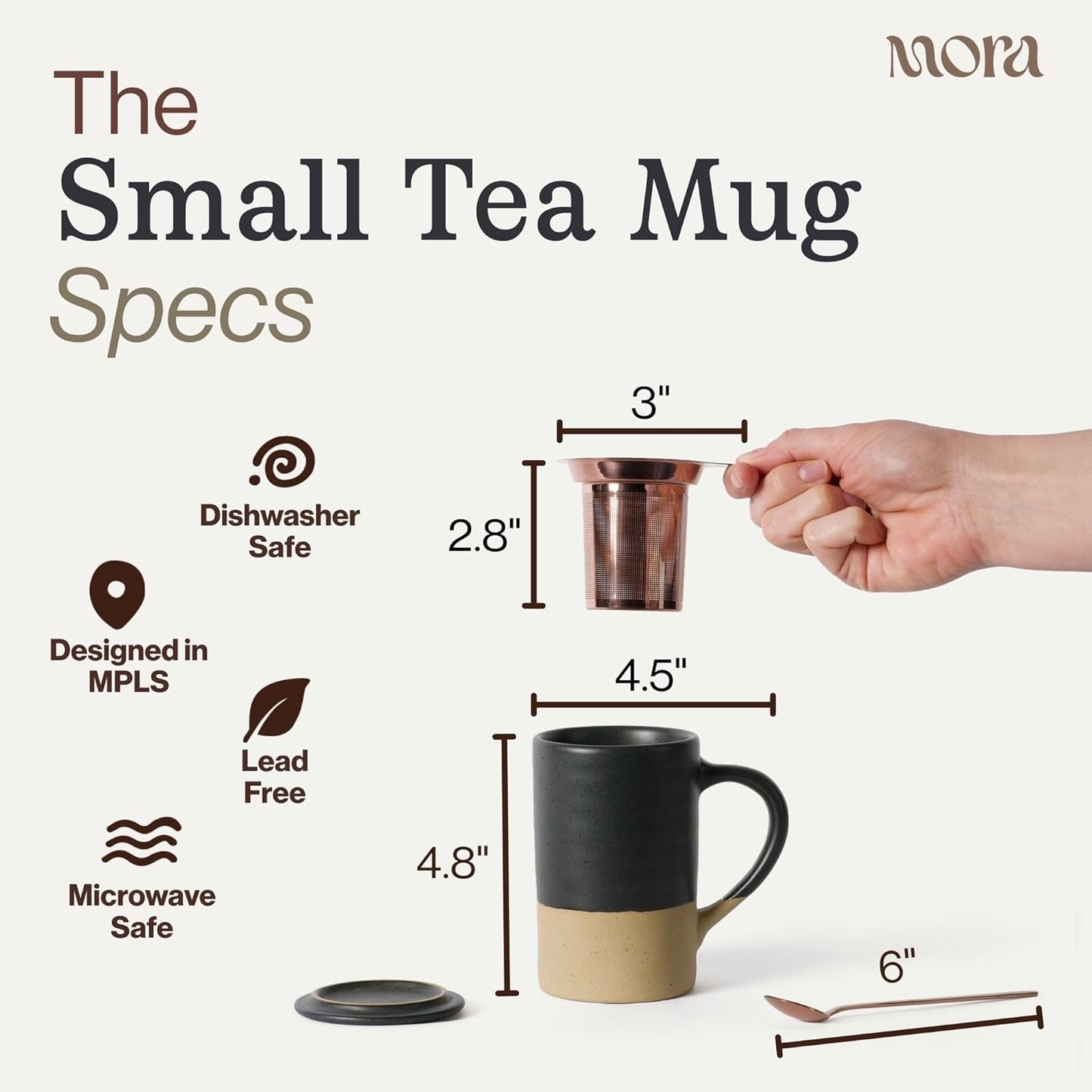 Mora Ceramics Tea Cup with Loose Leaf Infuser, Spoon and Lid, 12 oz, Microwave and Dishwasher Safe Coffee Mug - Rustic Matte Ceramic Glaze, Modern Herbal Tea Strainer - Great Gift for Women, Garnet