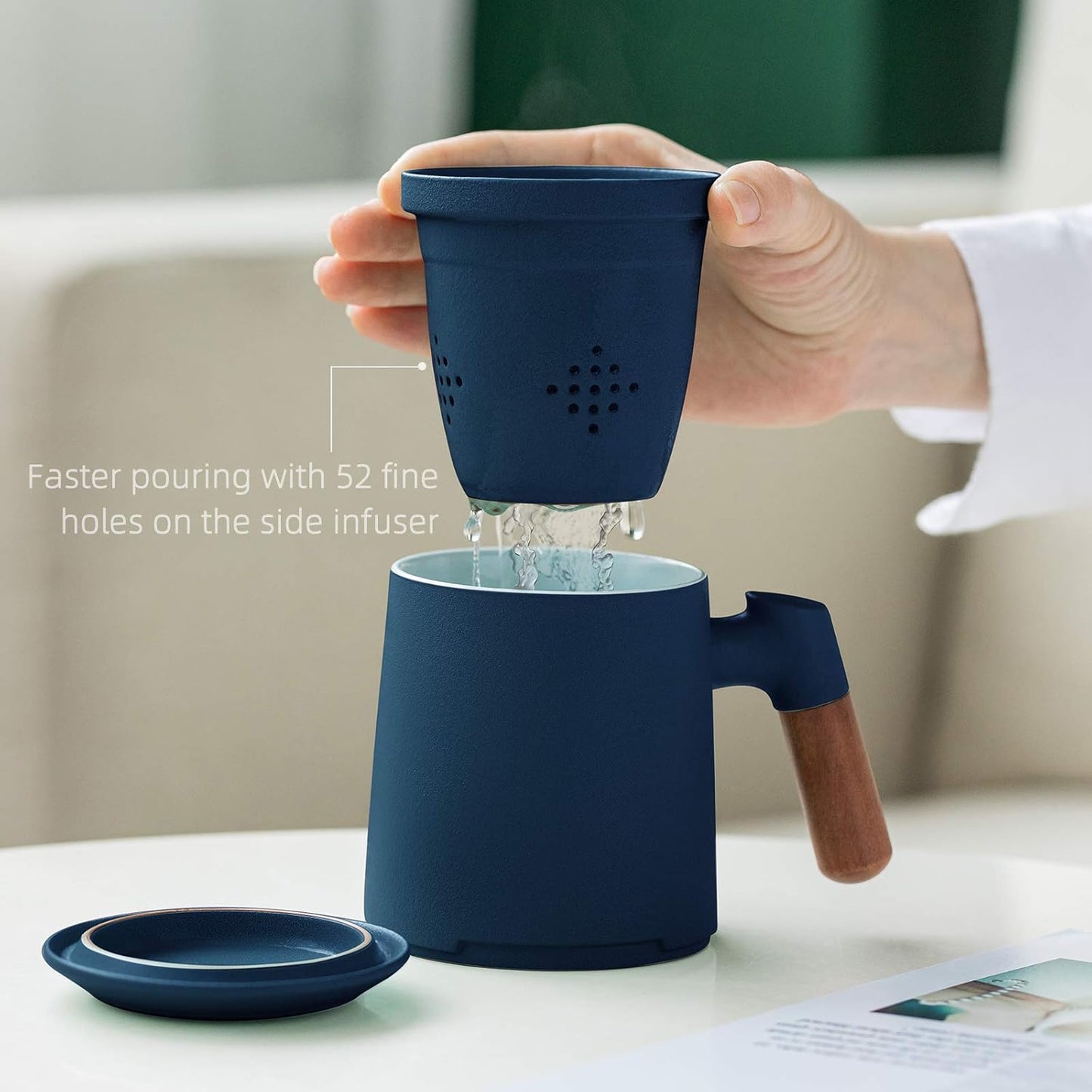 ZENS Embossed Ceramic Tea Mug with Infuser and Lid, 14.5 oz Wooden Handle, Loose Leaf Tea Steeper Cup & Strainer for Tea Lovers Gifts