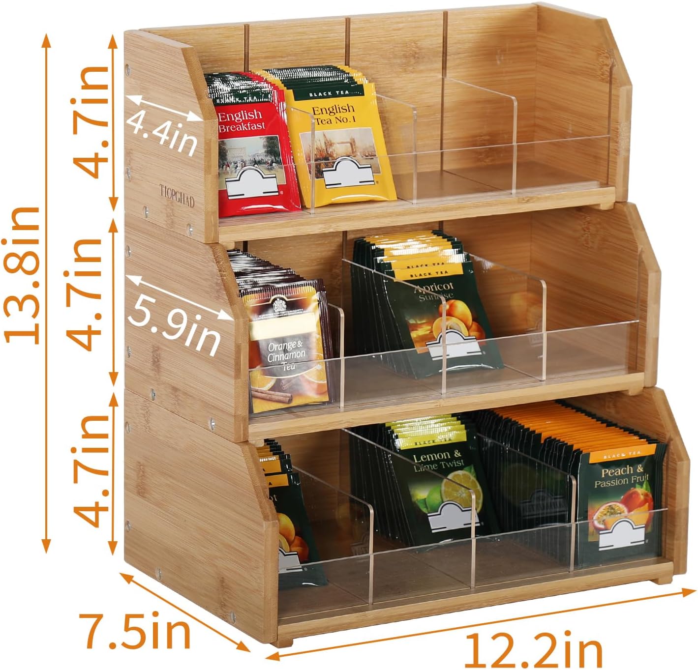 TIOPGHAD 2-Layer Stackable Bamboo Tea Bag Organizer Storage Holder & Rack - Wooden Tea Box Containers - Stand for Countertop or Cabinet