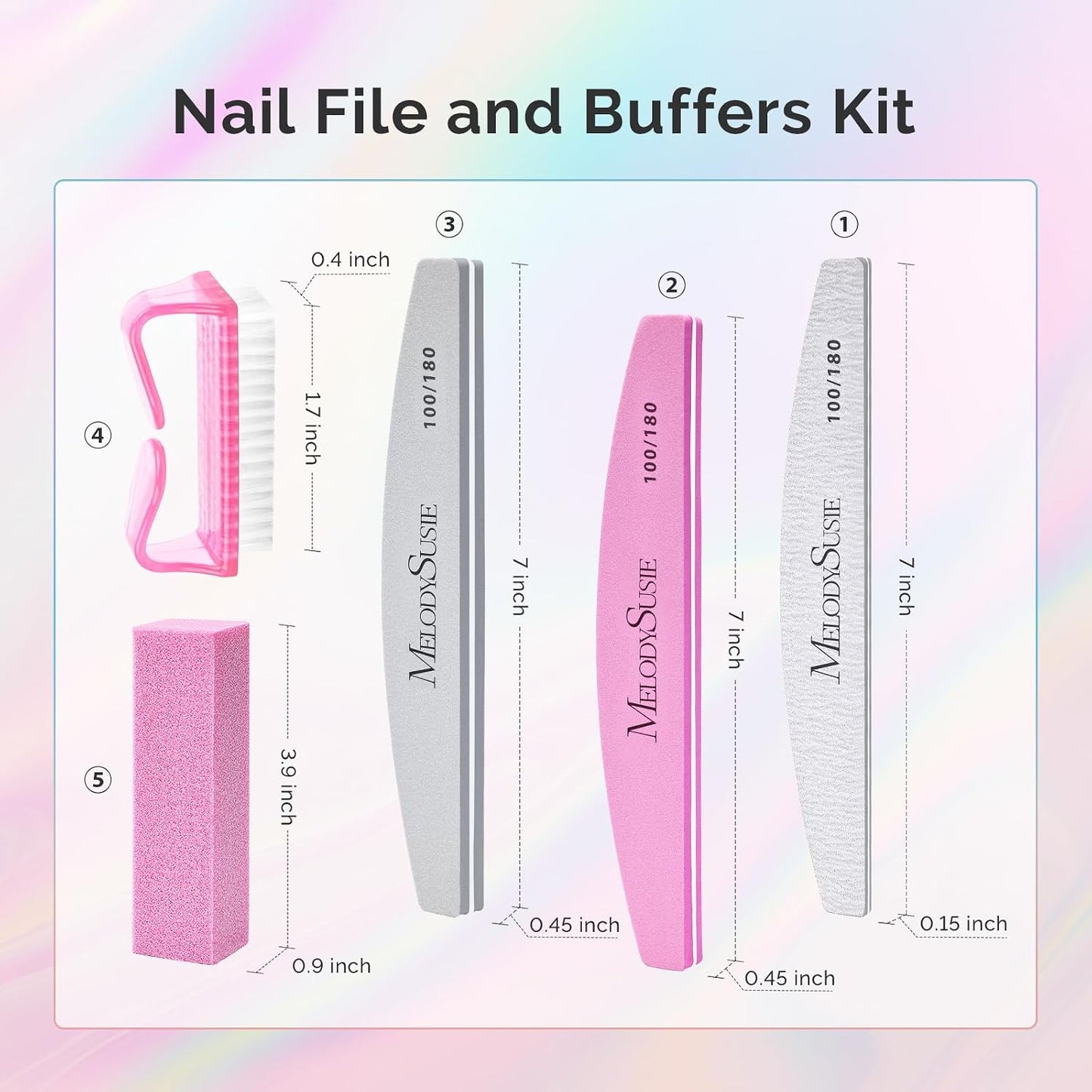 MelodySusie 16Pcs Professional Nail Buffer Kit,Nail Files and Buffers,Nail Buffer Block,Nail Brush, Nail File Buffers Kit for Natural Nails,DIY,Home Use,Salon（100/180 Grit）