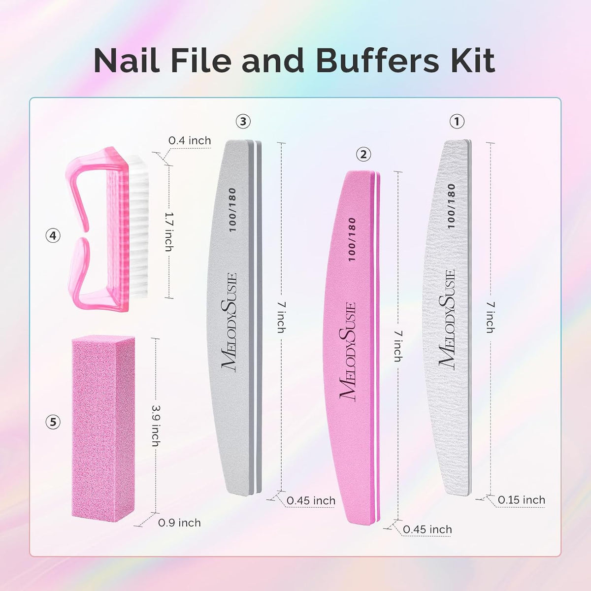 MelodySusie 16Pcs Professional Nail Buffer Kit,Nail Files and Buffers,Nail Buffer Block,Nail Brush, Nail File Buffers Kit for Natural Nails,DIY,Home Use,Salon（100/180 Grit）