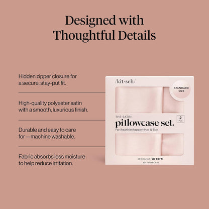 Kitsch Satin Pillowcase with Zipper for Hair & Skin - Softer Than Silk Pillow Cases, Smooth Cooling Satin Pillow Case, Wrinkle-Free, Machine Washable - Pillow Cases Standard Size (19x26) - Blush