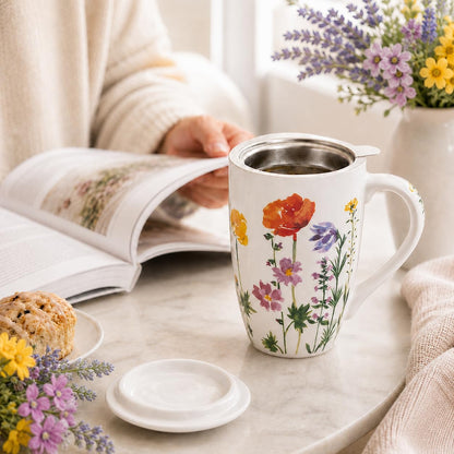 AmorArc 18oz Porcelain Tea Mug with Infuser & Lid, Loose Leaf Tea Cup with Stainless Steel Strainer, Large Coffee Mug Gift for Women, Tea Lovers, Home & Office