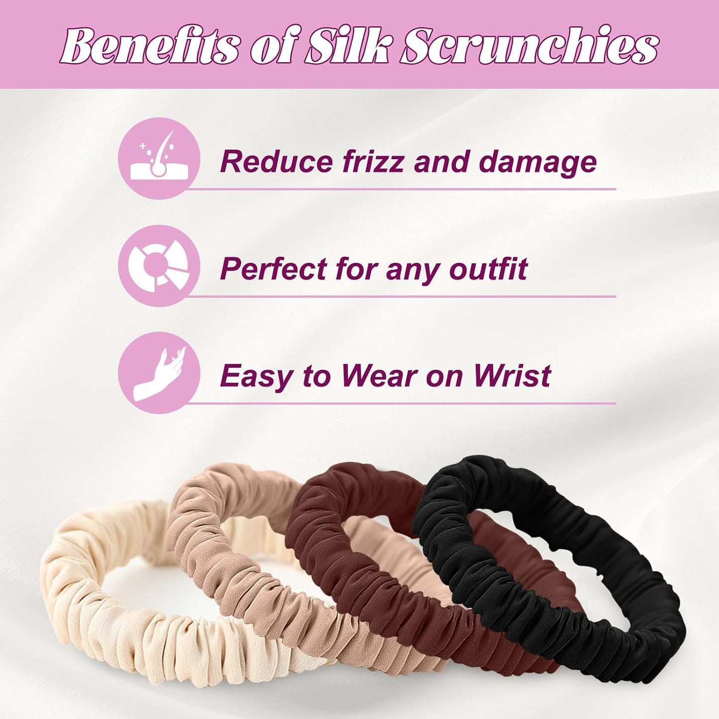 4Pcs Mulberry Silk Scrunchies Set, Silk Hair Ties Elastic for Women, Skinny Scrunchies Reduces Breakage for All Hair Types