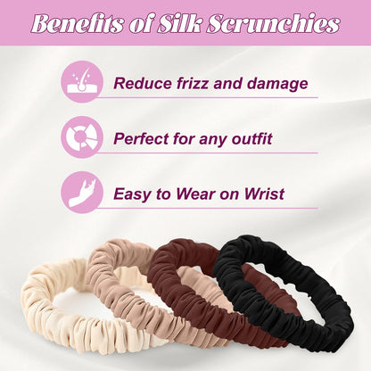 4Pcs Mulberry Silk Scrunchies Set, Silk Hair Ties Elastic for Women, Skinny Scrunchies Reduces Breakage for All Hair Types