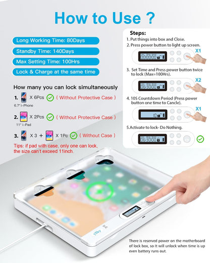 ySky Phone Lock Box with Timer - Lock for iPad Under 11" or Folding Phones I Beat Screen Addiction,Charge While Locked |Self-Control Cellphone Locker for Students, Adults &Kids Unplug from Phones