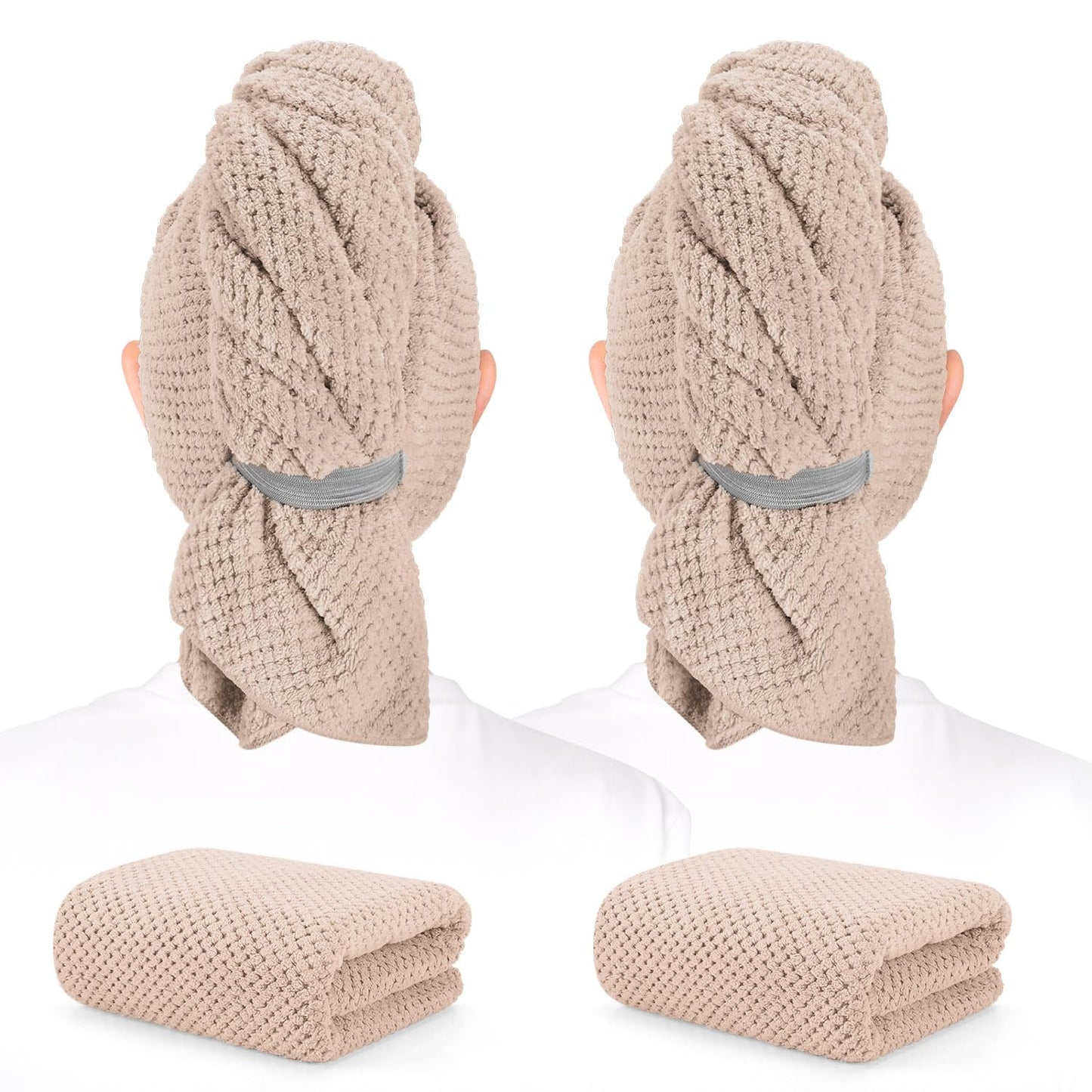 2 Pack Microfiber Hair Towel - 41 x 24 inches Super Soft, Absorbent, Fast Drying Without Frizz Hair Towel Wrap for Women Long, Thick, Curly Hair - Hair Turbans with Elastic Strap