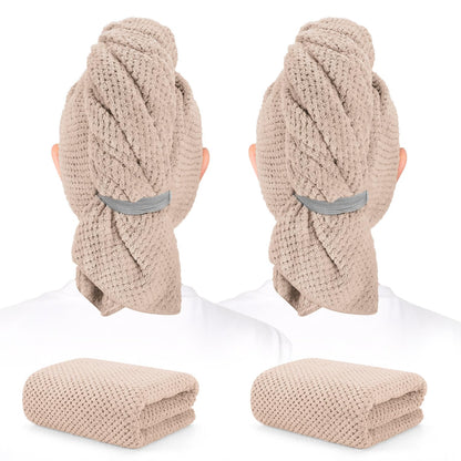 2 Pack Microfiber Hair Towel - 41 x 24 inches Super Soft, Absorbent, Fast Drying Without Frizz Hair Towel Wrap for Women Long, Thick, Curly Hair - Hair Turbans with Elastic Strap